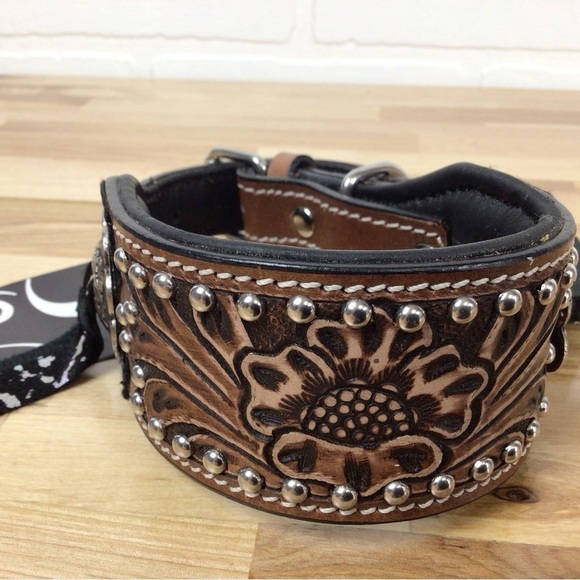 Mad Cow genuine leather western dog collar handmade brown black studded silver - Picture 6 of 16